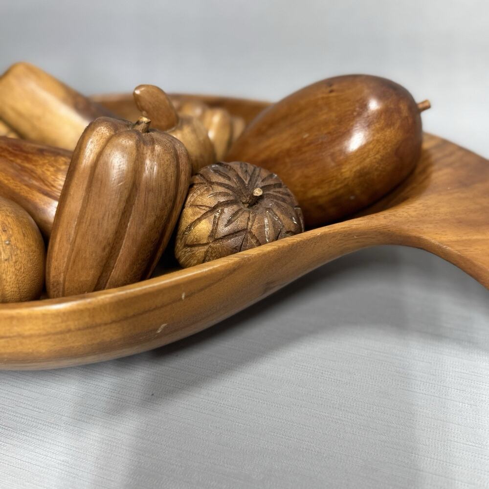 Vintage Retro MCM Carved Bowl Wooden Vegetable Fruit 10 Piece Set Fall Cottage - Picture 4 of 16